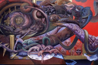 (detalle) de una pintura mural en el Uposatha (sala del santuario) del templo Buddhapadipa, Wimbledon, Gran Bretaña