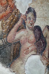 Detalle del panel que muestra a Leda, reina de Esparta, en compañía de las muchachas lacedemonias, a punto de tomar un baño en el río Eurotas - Se le acerca Zeus disfrazado de cisne - Mosaicos de Pafos, Casa de Aion, siglo III d.C. - Chipre - D