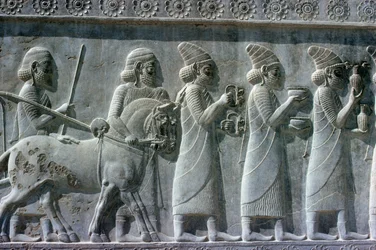 Detalle del friso en relieve en la escalera este del Apadana (sala de audiencias) que representa a delegados lidios llevando regalos para una ceremonia, período aqueménida, c.515 a.C. (detalle)