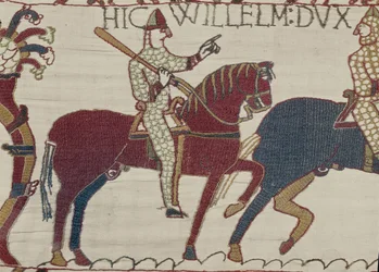El duque Guillermo exhorta a sus tropas a prepararse para la batalla contra el ejército inglés, Tapiz de Bayeux (bordado en lana sobre lino)