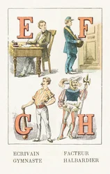 E - Escritor; F - Cartero; G - Gimnasta; H - Alabardero - Alfabeto Infantil, Ediciones Gordinne 1920 (grabado)