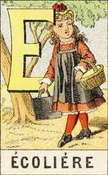E: Escolar - Grabado extraído de ABCD de las niñas. Pellerin & Cie, impresor-editor, Epinal, circa 1890. Serie A. Dimensiones: 19 x 13,5 cm