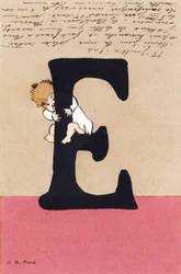 E como enlazar, abrazar - Alfabeto infantil. C. M. editor, París. Tarjetas postales pintadas a mano, franqueadas en 1904. Dimensiones: 14 x 9 cm
