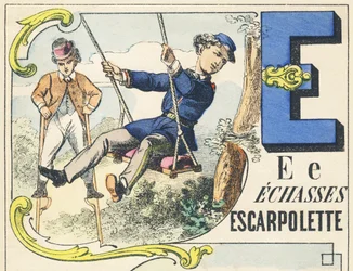 E: zancos, columpio - Alfabeto de juegos, c.1890