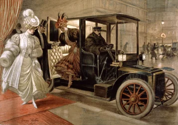 Mujeres elegantes saliendo del automóvil