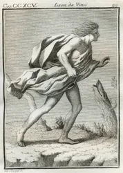 Estudio de un hombre caminando contra el viento, con las ropas y el cabello despeinados por las ráfagas y el cuerpo inclinado hacia adelante. Grabado de Trattato della pittura de Leonardo da Vinci (1452-1519)