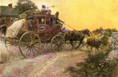 Diligencia vespertina llegando a un pueblo llevando correo y pasajeros a principios del siglo XIX. Reproducción de un cuadro de S.M. Arthurs.