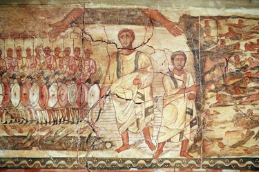 Éxodo y travesía del Mar Rojo, fresco proveniente de la Sinagoga de Dura Europos, 244-245, y conservado en el Museo Nacional de Damasco. Foto tomada en el Museo Judío de Nueva York durante una exposición.