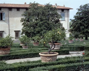 Vista exterior de la villa Medicea di Castello y jardín