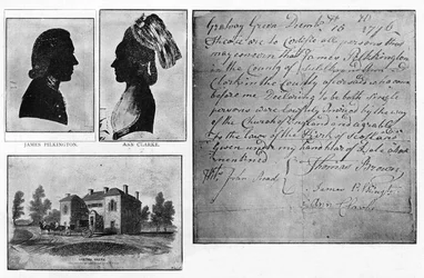Facsímil de un certificado de matrimonio de Gretna Green con retratos de la pareja, James Pilkington y Ann Clarke, casados el 16 de diciembre