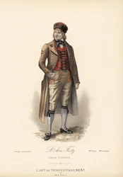 Disfraz de alsaciano para el Ami Fritz (personaje Fritz Kobus de la novela de Erckmann-Chatrian). Abrigo de montar, chaleco de cachemira, calzones y toca de piel. Litografía coloreada a mano según un diseño de Leon Sault de "L