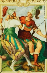 Figuras femeninas con cascos (detalle), fresco en el Castillo de Manta (siglo XV), Saluzzo, Piamonte, Italia