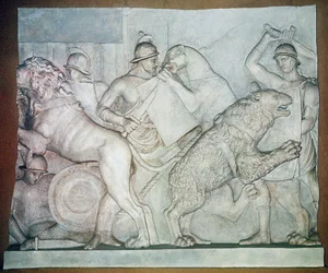 Lucha entre fieras y gladiadores, Bajorrelieve, Villa Torlonia, Roma