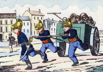 Bomberos. Grabado en "Alfabeto militar infantil". Imágenes de Pont-a-Mousson, circa 1890