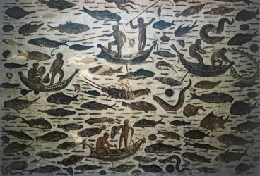 Escena de pesca, mosaico, civilización romana, siglo III d.C.