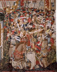 Tapiz flamenco. Serie La Guerra de Troya. Muerte de Aquiles. Octavo tapiz de la serie. Modelo Maestro Coëtivy (Henry o Conrard de Vulcop). Manufactura talleres de Tournai. Ca 1470. Tela Lana y seda, 6/7 urdimbres por cm. Tamaño 482 x 942 cm