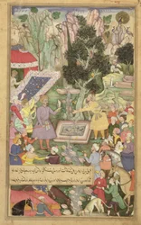 Folio 126 Babur en el manantial de Khawaja Sih Yaran, del "Baburnama" ("Memorias de Babur"), mogol