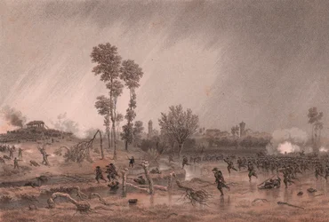 Cuarta División Piamontesa del General Cialdini durante el ataque de la Batalla de Palestro, Lombardía