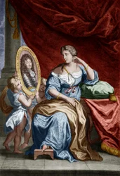 Françoise de Rochechouart de Mortemart marquesa de Montespan (1641-1707), dicha Athenais, amante del rey francés LuisXIV, grabado documento coloreado