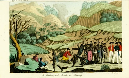 Exploradores franceses dibujando nativos en la isla de Ombai (Ombay), Indonesia