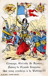 Postal francesa mostrando a Juana de Arco liderando a los soldados franceses a la guerra