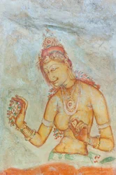 Fresco; mujer con el pecho desnudo con flores; Apsara; Sitio del Patrimonio Mundial de la UNESCO; Sigiriya; Sri Lanka; Asia