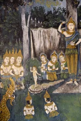 Fresco que representa una escena de la vida del Buda en Wat Phra Doi Suthep, Chiang Mai. Tailandia. Buda como un niño
