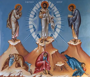 Fresco en la iglesia de la Santa Cruz, Pedoulas. La Transfiguración, Cristo transfigurado entre Elías y Moisés con las tablas de la ley. A sus pies, los apóstoles Santiago, Juan y Pedro, Pedoulas, Chipre