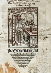 Frontispicio de las comedias del poeta cómico Terencio (Publius Terentius Aferer) (190-145 a.C.). El autor está representado.