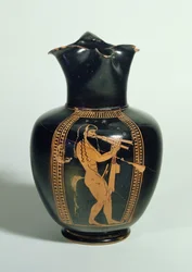 GR.126-1864 Oinochoe, decorado con sátiro tocando flautas dobles, figura roja ático, Atenas, griego, 520 a.C.