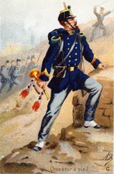 G: Cazador a pie. Grabado en "Alfabeto Militar". Iniciales del ilustrador: A. D. Editor desconocido. Cromolitografías finales del siglo XIX.