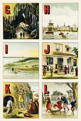 G H I J K L: cueva, Hamburgo, isla, Japón, Cabilia, lago - Grabado extraído de Alfabeto geográfico. Guerin-Muller et Cie, editores, París