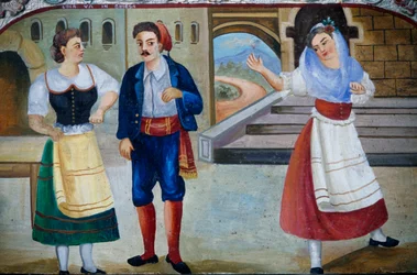 Escena galante con personajes disfrazados, pintura en panel de madera, artesanía siciliana, Sicilia, Italia (detalle)