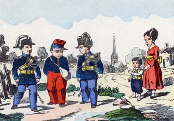 Gendarmes. Grabado en "Alfabeto militar infantil". Imágenes de Pont-a-Mousson, circa 1890