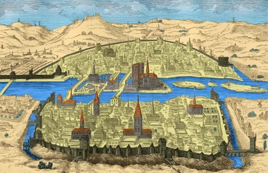Vista general de París en los siglos XV y XVI (grabado)
