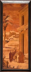 Génova, Duomo (Catedral de San Lorenzo), interior, ábside, coro, lado norte: "San Juan Bautista se despide de su familia", intarsia de madera de Vincenzo e Tommaso Garassino (siglo XIX)