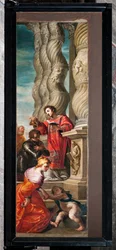 Génova, Duomo (Catedral de San Lorenzo), interior, nave izquierda, puertas originales del órgano del transepto lateral sur: "San Lorenzo bautiza a San Romano" (1634-6), de Andrea Ansaldo