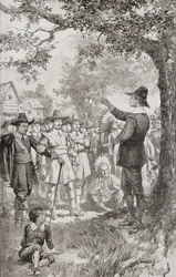 George Fox predicando a una multitud en Maryland, Estados Unidos, en 1671, durante una reunión de cuatro días de los cuáqueros locales. Jorge Fox