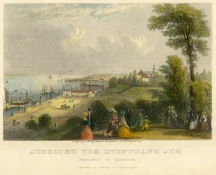 Alemania, Hamburgo, Elbhoehe, vista desde el Stintfang hasta el río Elba, grabado en acero coloreado antiguo de A. H. Payne, Leipzig, publicado por G. W. Niemeyer, hacia 1850.