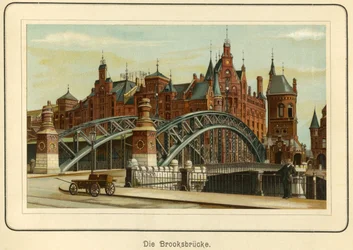 Alemania, Hamburgo, el "Brooksbruecke" (puente Brooks) y al fondo los almacenes del puerto, llamado "Speicherstadt", c.1890 (litografía)