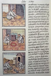 Procesamiento de oro tras la conquista española, página del Códice Florentino, Historia General de las Cosas de la Nueva España, por el misionero español Fray Bernardino de Sahagún (1499-1590). Civilización azteca