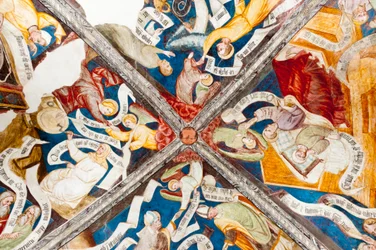 Fresco gótico; alabanza de la virtud; censura del vicio; con escritura; 10. claustro; Catedral; Brixen; Tirol del Sur; Italia; Europa