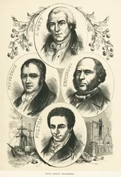 Grandes ingenieros e inventores: James Watt, John Ericsson, Robert Fulton, Richard Trevithick, hacia 1880
