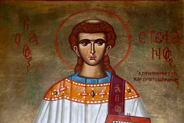 Cristianismo ortodoxo griego; icono de San Estéfanos en la Iglesia de Agios Stefanos; Lesbos; Mar Egeo; Grecia; Europa