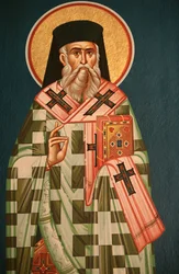 Icono ortodoxo griego que representa a un obispo santo, Tesalónica, Grecia