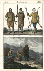 Habitantes de Groenlandia con pieles y un inuit de Labrador (Canadá) con un tridente. Abajo, una escena cotidiana de la vida familiar inuit delante de un iglú, una tienda de campaña y una canoa, Norteamérica. Litografía para el libro: "Galerie complete en 