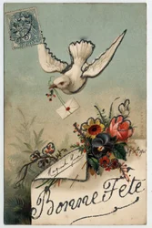 Tarjeta de felicitación: un pájaro trae una carta sellada - Postal fechada en 1906