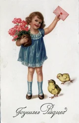 Tarjeta de felicitación de Pascua: una niña pequeña trae una carta sellada acompañada de dos pollitos - Postal de finales del siglo XIX-XX