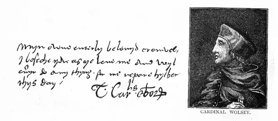 Caligrafía y firma del Cardenal Wolsey de una carta a Thomas Cromwell
