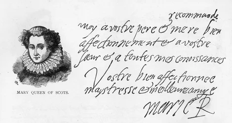 Caligrafía y firma de María, Reina de Escocia, de una carta escrita mientras estaba en prisión en Sheffield a su ahijada, Elizabeth Pierrepoint